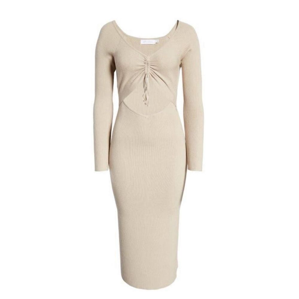 NWOT All in Favor Gathered Front Cut out Long Sleeve Ribbed Midi Dress - Picture 5 of 9